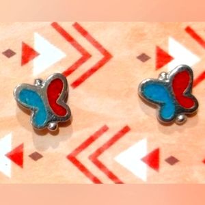 Vintage Silver Turquoise and Coral Butterfly Earrings